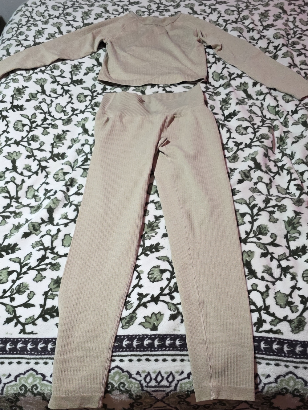 Beige Ribbed High-Waist Knit Pants - Women